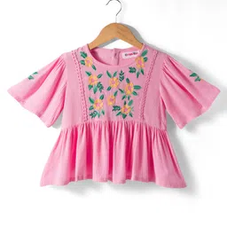 kookie kids india Kookie Kids Cotton Woven Crepe Half Butterfly Sleeves Top with Floral Embroidery - Pink-picture-16