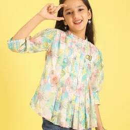 ISHTI Woven Three Fourth Sleeves Floral Printed Top - Multi Colour-picture-18