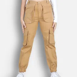 Cutiekins Lycra Woven Solid Cargo Pants - Camel Brown-picture-13