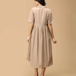 The Mom Store Cotton Blend Half Sleeves Solid Maternity Dress With Nursing Access - Beige image 3