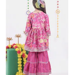 AATYA KIIDS Cotton Three Fourth Sleeves Floral Printed Sharara Set - Hot Pink image 3