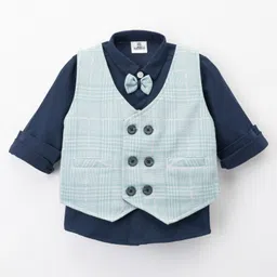 Mini Taurus Sinker Knit Full Sleeves Three Piece Party Suit With Checkered Design - Sea Green image 2