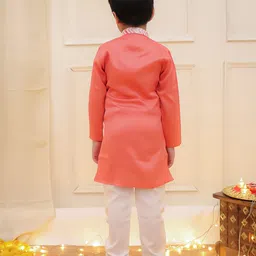 KID1 Silk Woven Full Sleeves Kurta Pyjama With Chevron Printed Attached Jacket - Peach image 3
