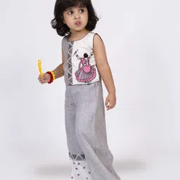 Twisha Cotton Sleeveless Abstract Embroidered Top With Palazzo Set - Grey & White image 4