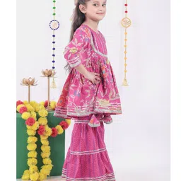 AATYA KIIDS Cotton Three Fourth Sleeves Floral Printed Sharara Set - Hot Pink image 4