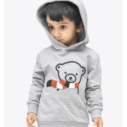 Ariel Cotton Knit Full Sleeves Teddy Bear Patch Detailed Hooded Sweatshirt - Grey Melange image 4
