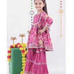 AATYA KIIDS Cotton Three Fourth Sleeves Floral Printed Sharara Set - Hot Pink image 5