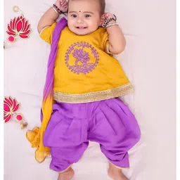 BownBee Cotton Woven Half Sleeves Floral Embroidered Kurti Dhoti Set - Yellow image 5