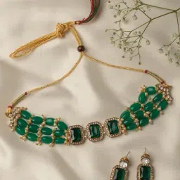 Zaveri Pearls Green Stones & Beads Multistrand Traditional Choker Necklace & Earring Set-ZPFK10111-picture-30