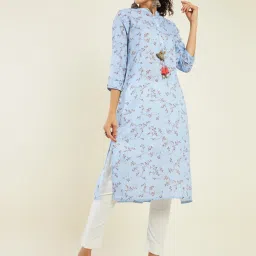 Soch Blue Linen Printed Straight Kurta image 1