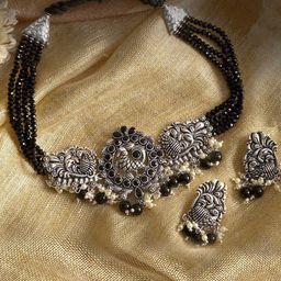 TEEJH Oxidised Silver-Plated Black & White Stone-Studded & Beaded Jewellery Set-picture-18