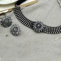 TEEJH Oxidised Silver-Plated White Stone-Studded Jewellery Set-picture-39