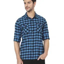 Mufti Blue & Black Cotton Slim Fit Checks Shirt-picture-11
