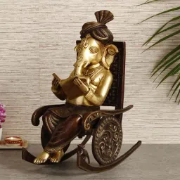 eCraftIndia Lord Ganesha Reading Book and Sitting on Rocking Chair Antique Look Handcrafted Premium Brass Figurine-picture-37