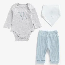 Mothercare Kids Grey & Blue Embroidered Full Sleeves Bodysuit, Pyjamas with Bib image 1