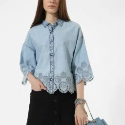 Only Light Blue Self Design Denim Shirt-picture-25
