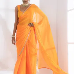 Swtantra Yellow Plain Saree With Unstitched Blouse image 1