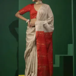 Triyah Cream Woven Saree With Unstitched Blouse image 1