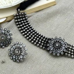 Teejh Ethnic Sasha White Circular Silver Oxidized Necklace Set for Women-picture-32