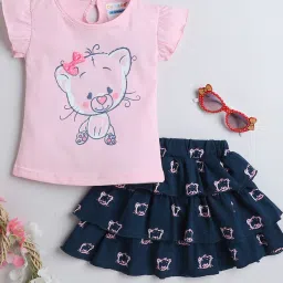 Bumzee Kids Pink & Navy Printed Top with Skirt image 1