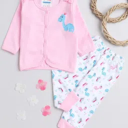 Bumzee Kids Pink & White Printed Full Sleeves Jhabla with Pyjamas image 1