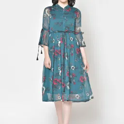 Cation Teal Floral Print A Line Dress image 1