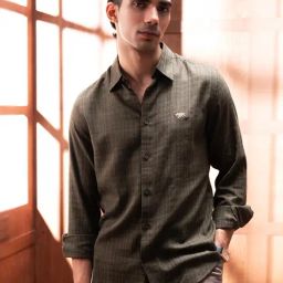 Andamen Olive Cotton Checked Regular Fit Shirt-picture-44