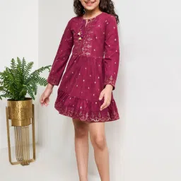 Global Desi Girl Kids Wine Printed Full Sleeves Dress image 4