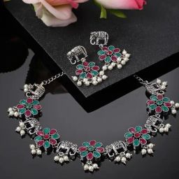 Panash Silver Plated Stone Studded & Beaded Elephant Shaped Jewellery Set-picture-18