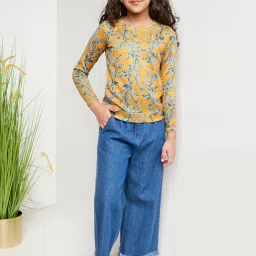 Global Desi Girl Kids Mustard & Blue Floral Print Full Sleeves Sweatshirt image 4