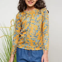 Global Desi Girl Kids Mustard & Blue Floral Print Full Sleeves Sweatshirt image 5