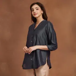 Fabindia Women's Navy Blue Printed Mandarin Collar 3/4th Sleeves Tunic image 4