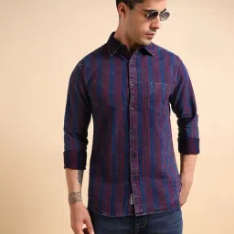 Dennis Lingo Red & Navy Cotton Slim Fit Striped Shirt-picture-33