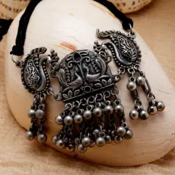 Moedbuille Ghungroo Studded Tribal Tasselled Design Oxidised Silver Plated Handcrafted Choker-image-72