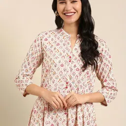 showoffff SHOWOFF Beige & Red Floral Print Anarkali Kurta image 4