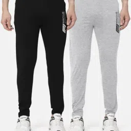 Bullmer Black & Grey Melange Cotton Slim Fit Printed Sports Trackpants- Pack Of 2-image-17
