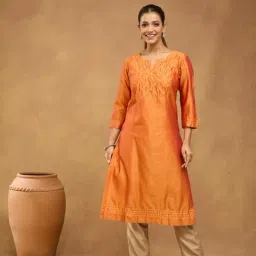 Fabindia Women Orange Woven Design Cotton Silk Calf Length Kurta-image-39