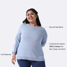 BlissClub Blue At-Ease Cotton Knit Top - Full Sleeves image 3