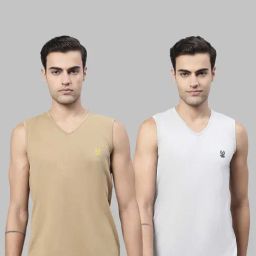 Vimal Jonney Light Khaki & Light Grey Sleeveless Lounge T-Shirt - Pack of 2-picture-7