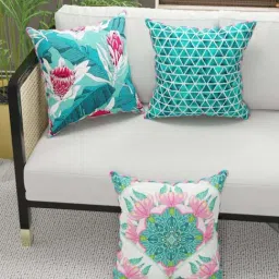 Bianca Suzane Coral & Teal Micro Fiber Reversible Printed Cushion Covers - Set of 3-picture-43