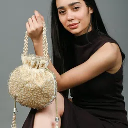 ODETTE Cream Velvet Embellished Potli Clutch For Women-image-59