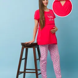Bella Mama Half Sleeves Maternity Night Suit Text Print - Red-picture-11