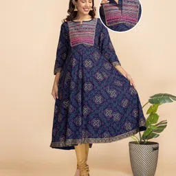 Bella Mama Three Fourth Sleeves Embroidered Yoke Flared Kurta - Navy-picture-10