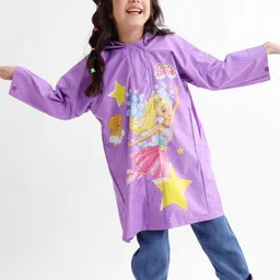 Babyhug Full Sleeves Hooded Barbie Graphics Raincoat - Purple-image-30