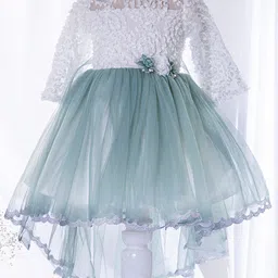 Ministitch Three Fourth Sleeves Floral Corsage Applique Bottom Lace Detailed Tulle Party Dress - Green-picture-25