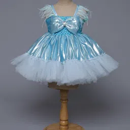 TINY MINY MEE Elastane Sleeveless Feather Detailed With Bow Embellished Fit & Flare Shimmered Dress - Blue-image-80