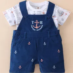ToffyHouse 100% Cotton Woven Half Sleeves T-Shirt & Dungaree with Anchor Print & Embroidery - Navy Blue-picture-25