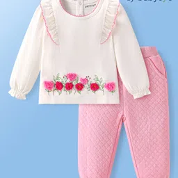 Babyoye Eco Conscious 100% Cotton Solid Dyed Full Sleeves Top & Legging Set with Floral Applique & Frill Detailing- White & Pink-picture-26