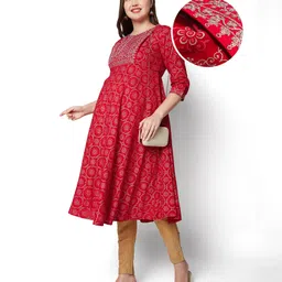 Bella Mama Three Fourth Sleeves Embroidered Yoke Maternity Kurta with Pockets & Floral Print - Red-image-38