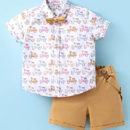 ToffyHouse Poplin Woven Half SleevesVehicle Print Shirt & Shorts Set with Bow & Suspender - White Tan-picture-18